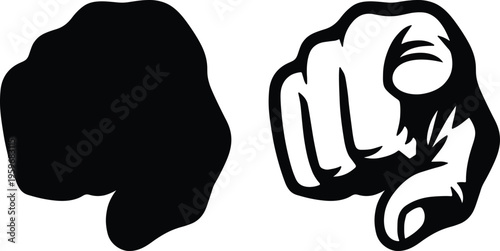 A simple black fist hand icon set depicts punch gesture symbols in solid and detailed styles isolated on a white background