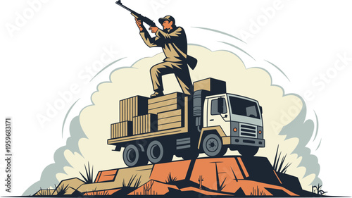 Armed soldier standing on a heavy cargo truck during a military mission in a desert landscape