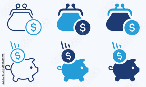 Purse and Piggy Bank Icons with Dollar Sign: Saving, Earning, and Finance Concepts