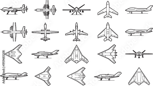 Collection of modern airplanes, including drones and jets, is presented in a monochromatic, line art style, perfect for aviation enthusiasts and designers.