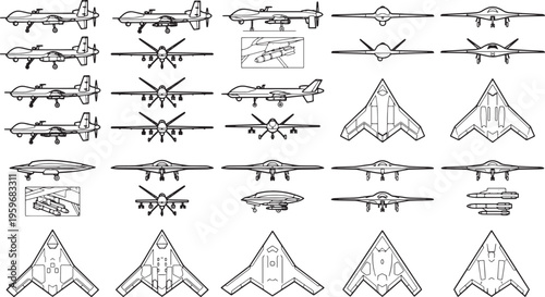 Drone aircraft detailed illustration. Top view, side view, front view, and schematic layouts of a variety of unmanned aerial vehicles. 