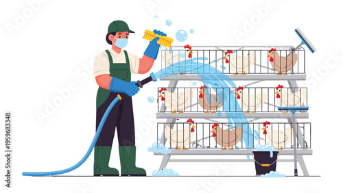 Farm Cleaning: A diligent farm worker disinfects and cleans the chicken coop and cages, ensuring a healthy and hygienic environment for poultry.