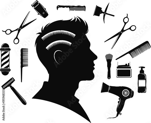 Silhouette of a Man's Profile Surrounded by Barber Tools Including Scissors, Comb, Razor, and Hair Dryer, Vector Illustration for Haircut and Barber Shop Themes