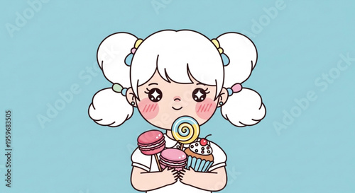 Cute cartoon girl with white pigtails holding macarons cupcake and lollipop against blue background smiling sweetly with rosy cheeks