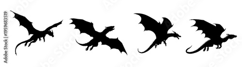 Flying dragons silhouettes set, vector illustration