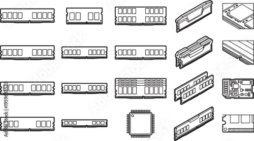 Detailed depiction of computer memory modules, showcasing various designs and arrangements in a clear, technical illustration.