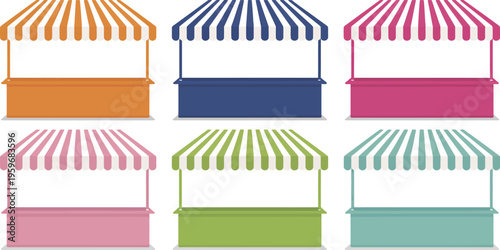 Striped Shop Awnings Set Vector Illustration, Vintage Market Canopies Collection, Retail Store Front Shade Elements Isolated on Light Background for Commercial Design