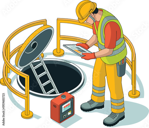 Isometric Vector Illustration of a Utility Worker Inspecting an Open Underground Manhole Access
