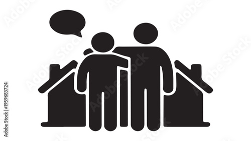 Neighborhood support icon with two people hugging and house background, community care and solidarity symbol.