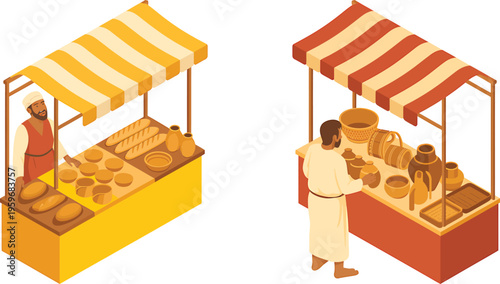 Isometric Vector Illustration of Ancient Street Market Stalls with Merchants Selling Goods