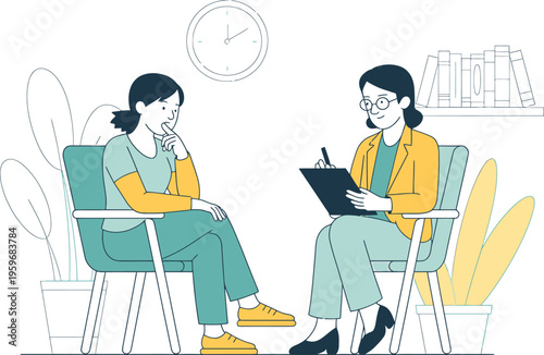 Mental Health Counseling Session Illustration with a Therapist and Patient Sitting in an Office