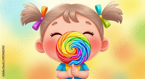 Smiling cartoon girl holding large colorful lollipop in front of face with closed eyes and pigtails