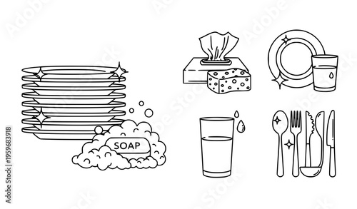 A set of kitchen and bathroom icons in a minimalist line art style