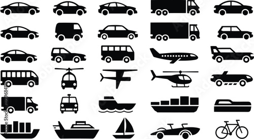 Black silhouette icons of various vehicles and transport modes.