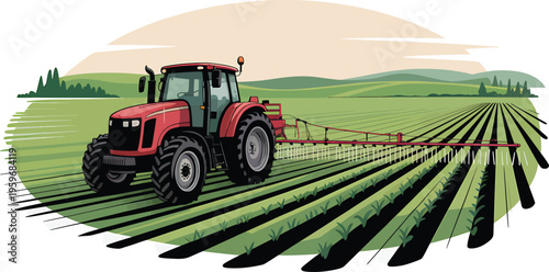 Red Agricultural Tractor Working on a Large Farm Field Illustration with Row Crops and Soil