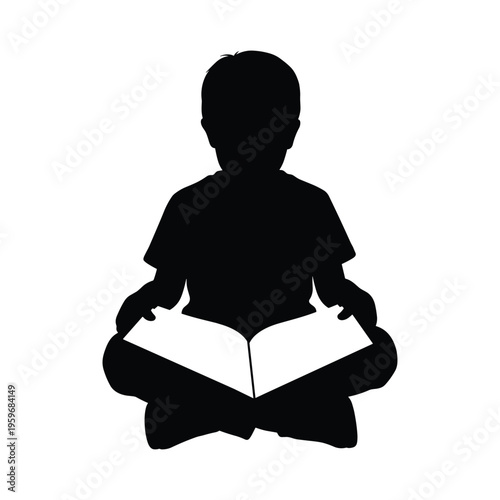 Silhouette of a young child sitting cross-legged, reading an open book, symbolizing early education