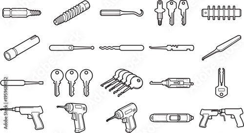 A close-up collection of professional locksmith tools arranged with precision against a blank background, showcasing the essential elements of security and protection.