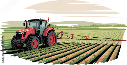 Red Farm Tractor Tilling Agricultural Field with Cultivator Attachment Illustration Concept Art