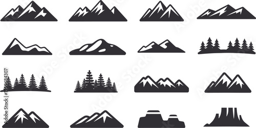 A silhouette icons of mountains and landscapes.