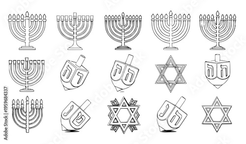 Obraz na plátně A collection of Jewish symbols including menorahs and dreidels in a minimalist l