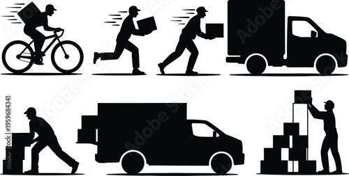 A black silhouettes show package delivery actions.