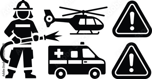 Five black emergency service icons including a firefighter and  helicopter and ambulance and warning signs.