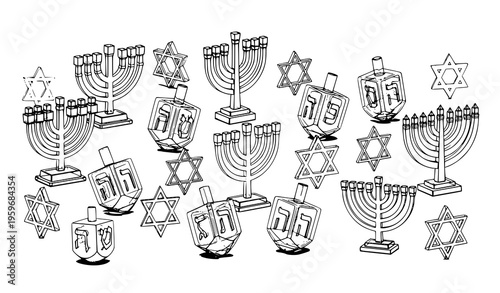 A collection of menorahs and Jewish symbols in a simple line art style