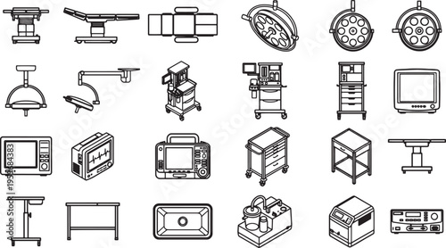 A comprehensive illustration showcasing various medical equipment and instruments, providing an informative representation of tools used in healthcare and surgical settings.