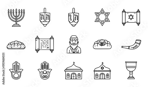 A set of Jewish symbols and icons in a minimalist line art style