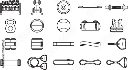 An illustrated set of essential fitness and gym equipment, perfect for depicting a healthy and active lifestyle.
