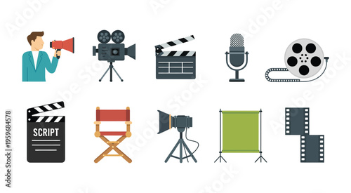 Film Production Icon Set, Ten Flat Style Cinema Icons Arranged in Two Rows, Movie Making Elements Collection for Video Production, Media, Entertainment and Filmmaking Design