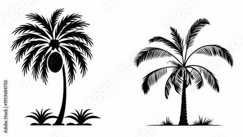 Black silhouettes of two palm trees with small plants