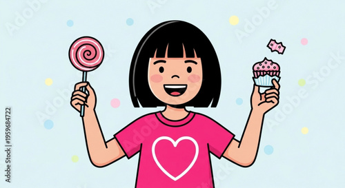 Happy little girl holding pink lollipop and cupcake with colorful sprinkles and heart on her t shirt