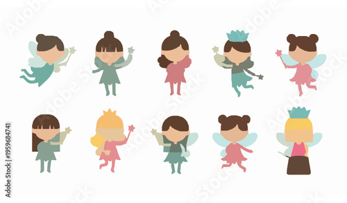 Cute fairy characters vector set children style magic wand cartoon illustration