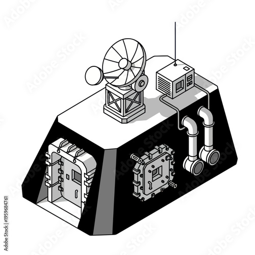 Isometric Sci-Fi Bunker with Satellite Dish and Secure Doors.