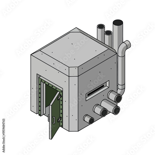 Isometric Illustration of a Concrete Bunker with Open Door.