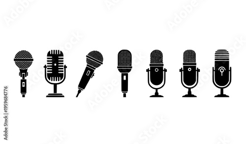 Retro and modern microphone silhouettes vector set audio recording broadcast icons