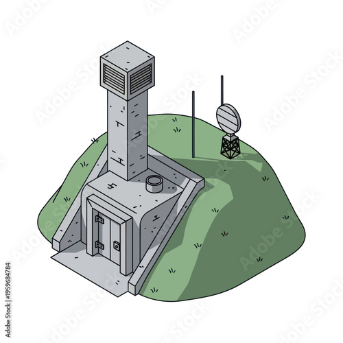Isometric Bunker Entrance with Ventilation Shaft and Antenna.