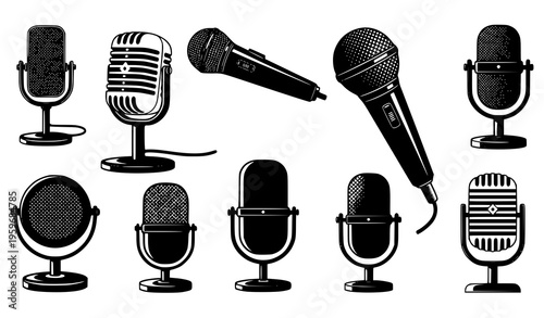 Audio microphone silhouettes vector set retro vintage and modern recording icons