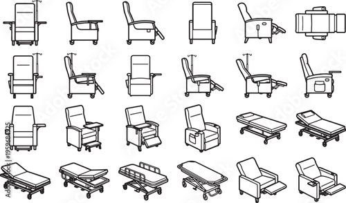 Assortment of medical chairs and beds, showcasing a variety of healthcare furniture, essential in patient care facilities.
