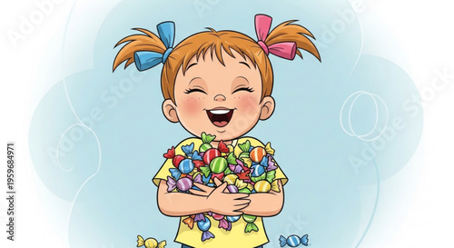 Happy little girl holding colorful balloons smiling with joy against a light blue background with bubbles