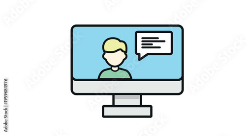 Online video call icon, person on computer screen with speech bubble, flat vector illustration in pastel colors for remote work and communication.