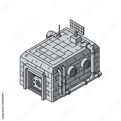 Isometric Illustration of a Bunker with Pipes and Solar Panel.