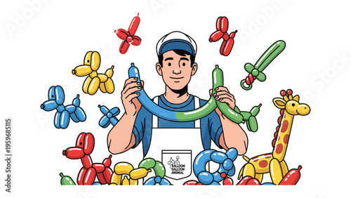 Balloon Artist's Creation: A skilled artist, surrounded by whimsical balloon sculptures, creates a captivating display of colors and forms, showcasing the joy of craft and celebration.