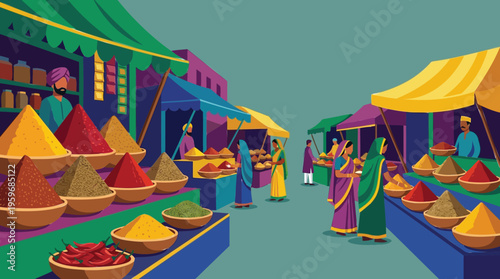 Vibrant traditional marketplace scene with colorful spice stalls and people, capturing the lively atmosphere of local culture and commerce