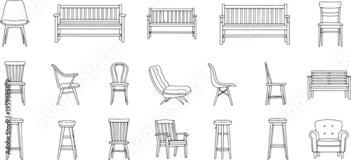 A comprehensive collection of diverse seating furniture outlines, featuring various chairs, elegant benches, and modern stools, perfect for interior design and architectural illustrations