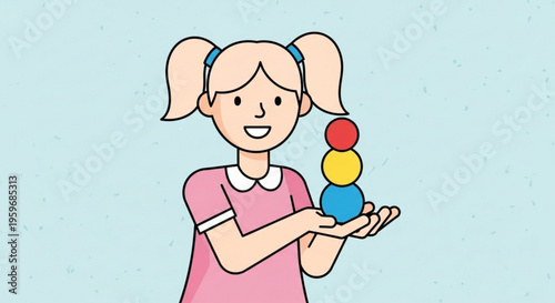 Little girl playing with colorful stacking toy balls on her hand happily