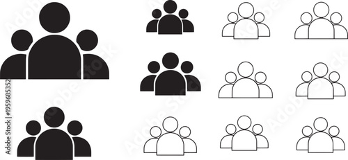 A versatile vector icon set representing diverse groups of people, symbolizing community, teamwork, and social connection for modern digital interfaces and graphic design projects