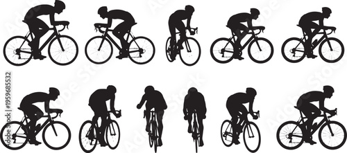 Dynamic collection of male cyclists depicted in a variety of active positions on bicycles, embodying the concept of speed, athletic performance, and the energetic pursuit of sports and fitness