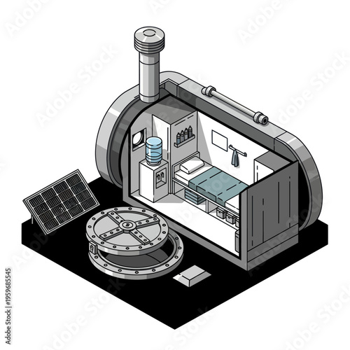 Isometric Illustration of a Survival Bunker with Solar Panel.